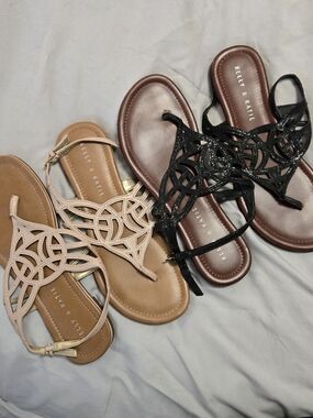 Kelly & Katie Laser-Cut T-Strap Sandals - Black & Blush
